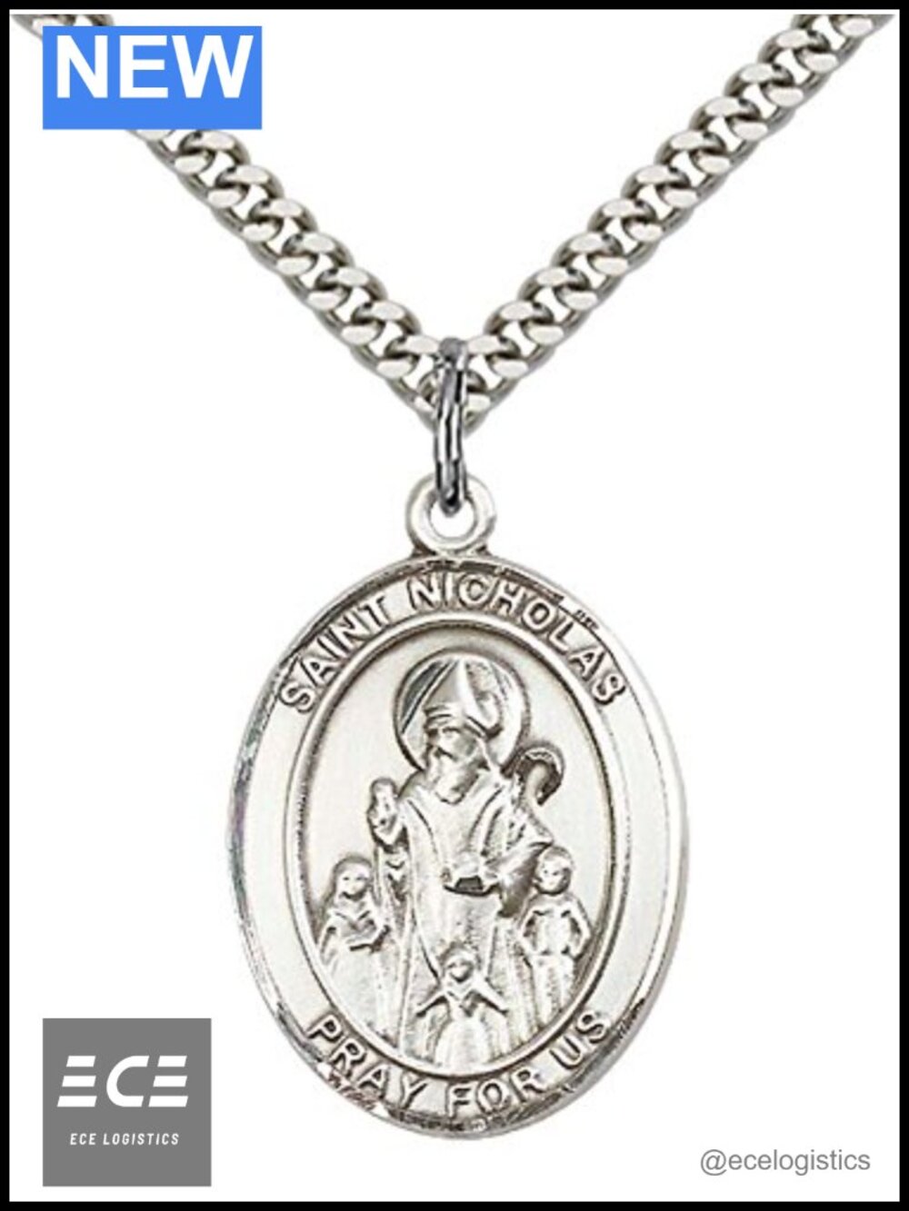 Sterling Silver St Nicholas Pendant 24in Stainless Steel Curb Chain Necklace